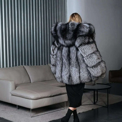 Luxury Women Real Silver Fox Fur Coats Jacket Full Pelt Fluffy Fur Hood Overcoat authentic genuine fur coats free shipping