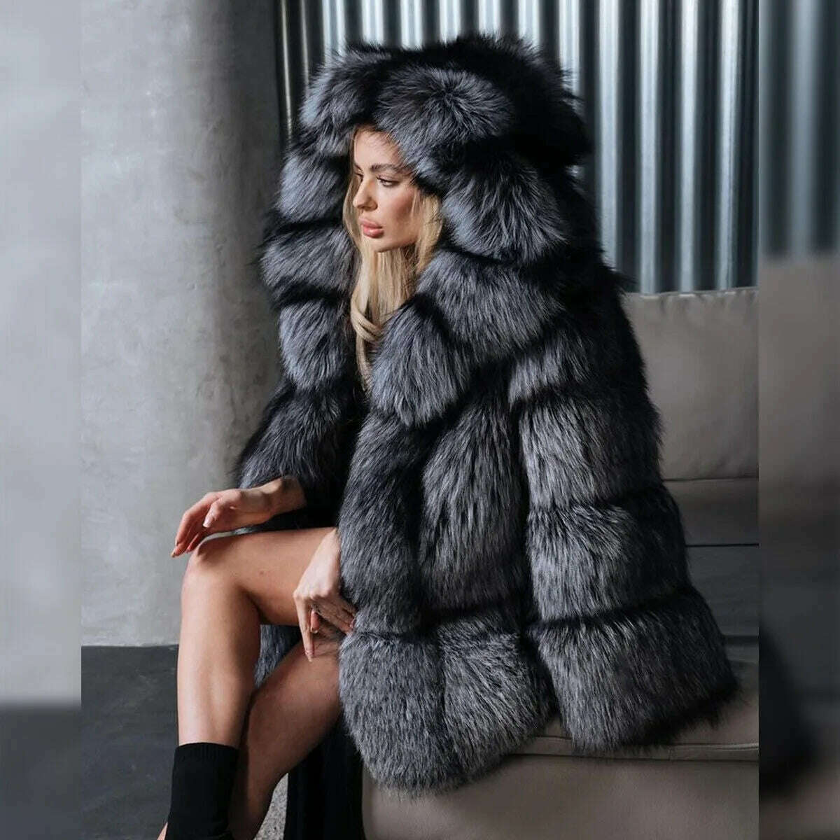 Luxury Women Real Silver Fox Fur Coats Jacket Full Pelt Fluffy Fur Hood Overcoat authentic genuine fur coats free shipping