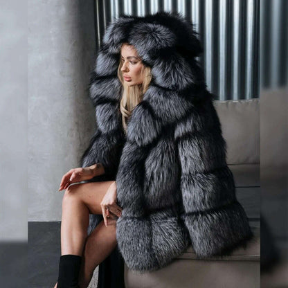 Luxury Women Real Silver Fox Fur Coats Jacket Full Pelt Fluffy Fur Hood Overcoat authentic genuine fur coats free shipping