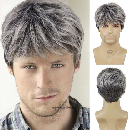 Male Mix Grey Wigs Synthetic Hair Short Wig with Bangs for Men Daddy Hairstyles Gifts Daily Cosplay Costume Party Heat Resistant