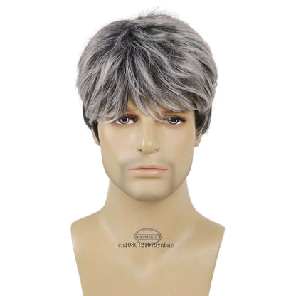 Male Mix Grey Wigs Synthetic Hair Short Wig with Bangs for Men Daddy Hairstyles Gifts Daily Cosplay Costume Party Heat Resistant