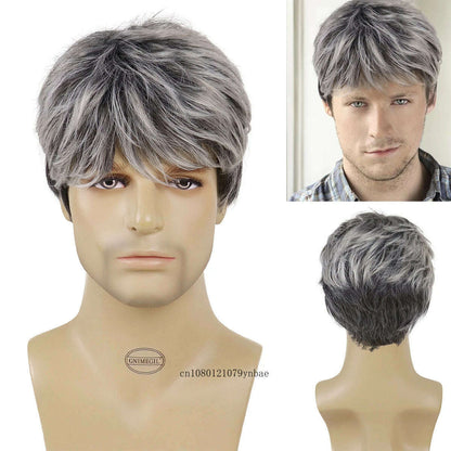 Male Mix Grey Wigs Synthetic Hair Short Wig with Bangs for Men Daddy Hairstyles Gifts Daily Cosplay Costume Party Heat Resistant