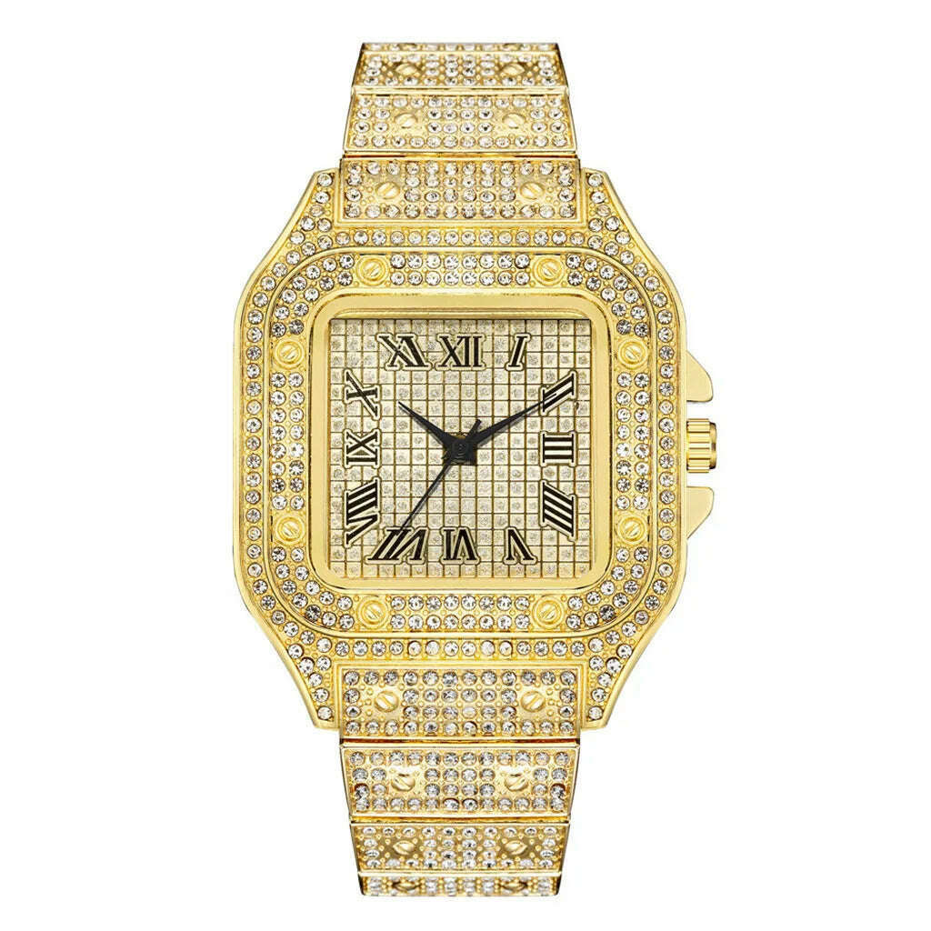 MAYZHISU Watch For Men Luxury Gold Square Men's Wristwatch Alloy Strap Full Diamond Business Quartz Watch for man Clock Gifts