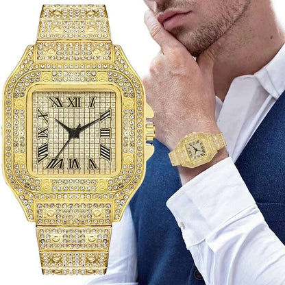 MAYZHISU Watch For Men Luxury Gold Square Men's Wristwatch Alloy Strap Full Diamond Business Quartz Watch for man Clock Gifts