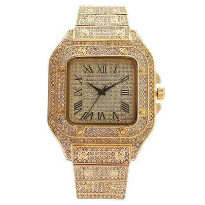 MAYZHISU Watch For Men Luxury Gold Square Men's Wristwatch Alloy Strap Full Diamond Business Quartz Watch for man Clock Gifts