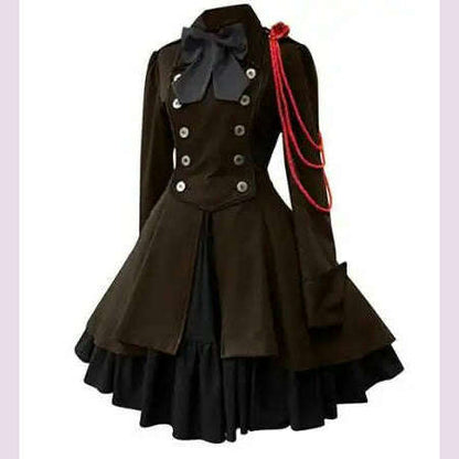 Medieval Cosplay Costumes Retro Gothic Lace Up Chain Bow Lolita Maid Dress Long Sleeves Ruffle Classic Slim Knee Sweet Dress
