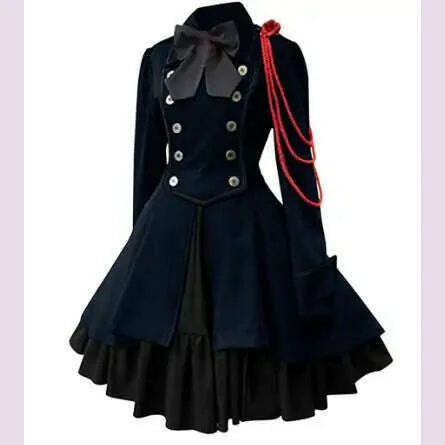 Medieval Cosplay Costumes Retro Gothic Lace Up Chain Bow Lolita Maid Dress Long Sleeves Ruffle Classic Slim Knee Sweet Dress