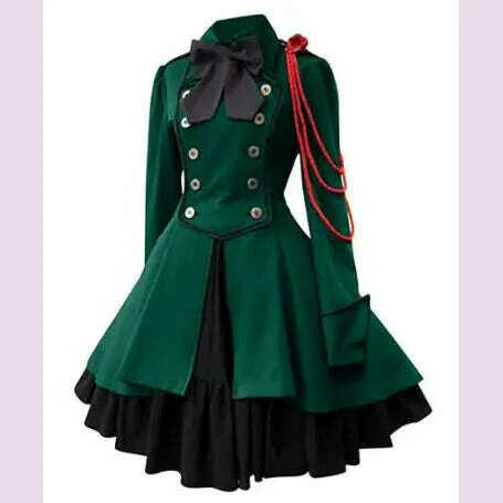 Medieval Cosplay Costumes Retro Gothic Lace Up Chain Bow Lolita Maid Dress Long Sleeves Ruffle Classic Slim Knee Sweet Dress