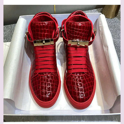 Men Embossed Crocodile High Top Sneakers Lock Lace Red Flats Real Leather Designer Boots Men‘s Casual Shoes