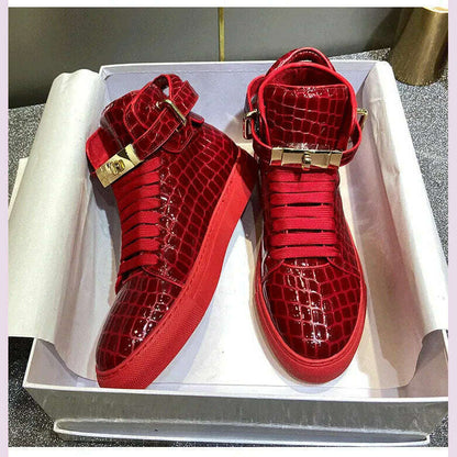 Men Embossed Crocodile High Top Sneakers Lock Lace Red Flats Real Leather Designer Boots Men‘s Casual Shoes