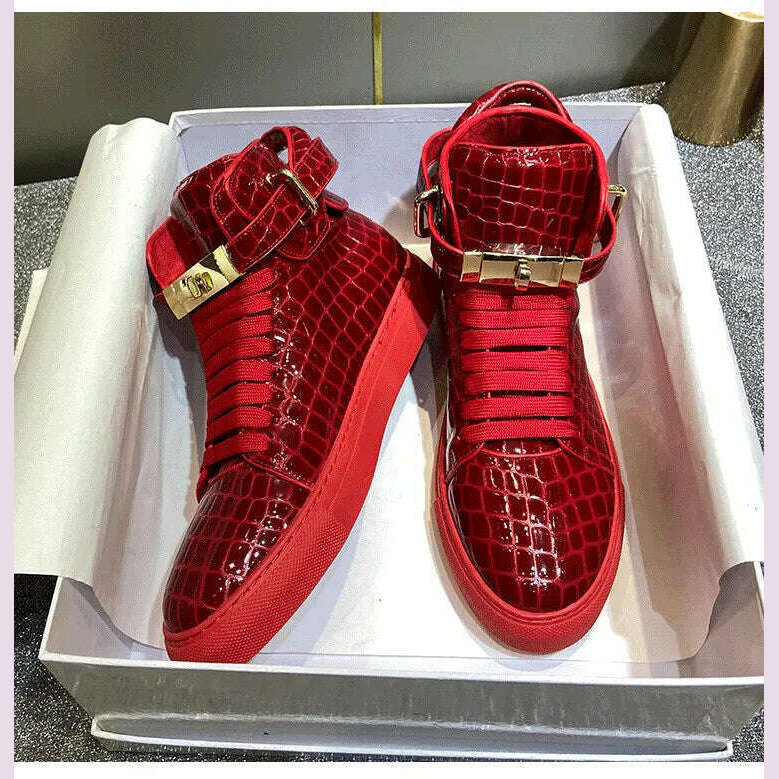 Men Embossed Crocodile High Top Sneakers Lock Lace Red Flats Real Leather Designer Boots Men‘s Casual Shoes
