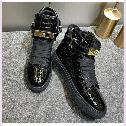 Men Embossed Crocodile High Top Sneakers Lock Lace Red Flats Real Leather Designer Boots Men‘s Casual Shoes