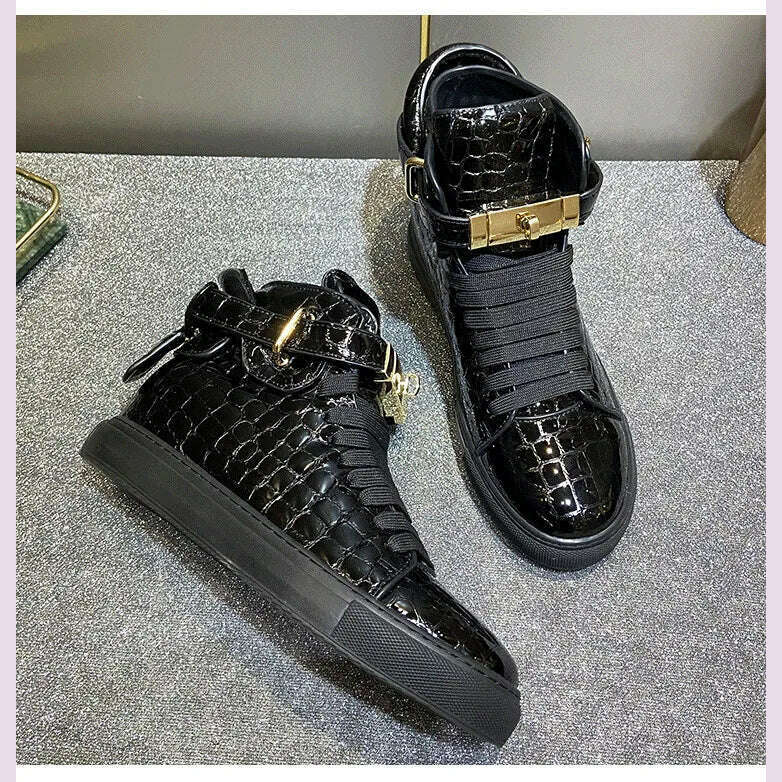 Men Embossed Crocodile High Top Sneakers Lock Lace Red Flats Real Leather Designer Boots Men‘s Casual Shoes