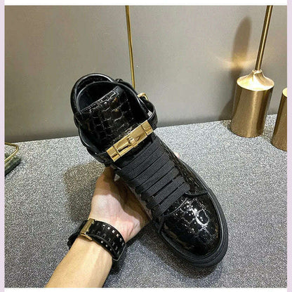 Men Embossed Crocodile High Top Sneakers Lock Lace Red Flats Real Leather Designer Boots Men‘s Casual Shoes