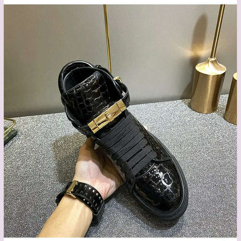 Men Embossed Crocodile High Top Sneakers Lock Lace Red Flats Real Leather Designer Boots Men‘s Casual Shoes