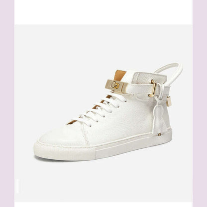 Men Embossed High Top Sneakers Lock Lace Red Metal Real Leather Designer Flat Men Platform Casual Shoes