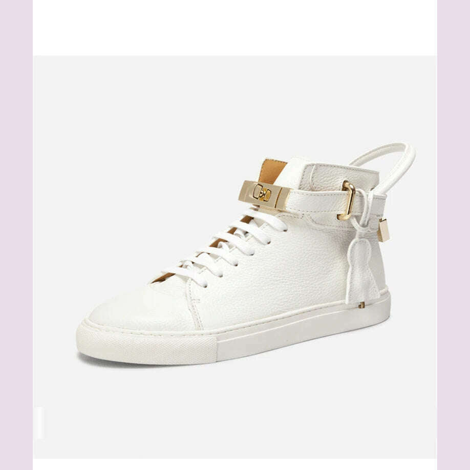 Men Embossed High Top Sneakers Lock Lace Red Metal Real Leather Designer Flat Men Platform Casual Shoes