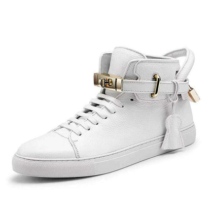 Men Embossed High Top Sneakers Lock Lace Red Metal Real Leather Designer Flat Men Platform Casual Shoes