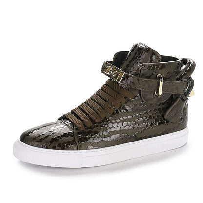 Men Embossed High Top Sneakers Lock Lace Red Metal Real Leather Designer Flat Men Platform Casual Shoes