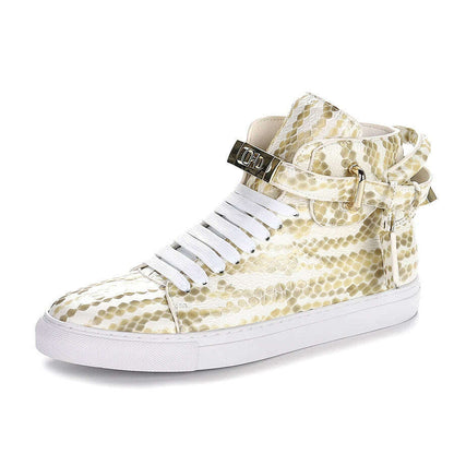 Men Embossed High Top Sneakers Lock Lace Red Metal Real Leather Designer Flat Men Platform Casual Shoes