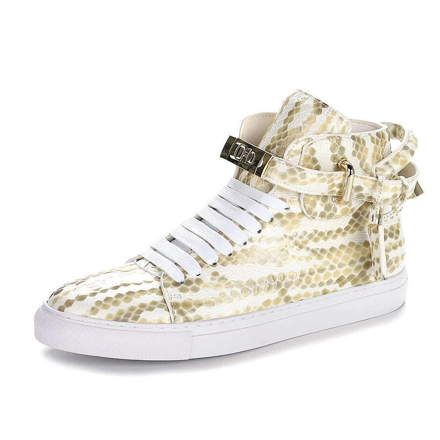 Men Embossed High Top Sneakers Lock Lace Red Metal Real Leather Designer Flat Men Platform Casual Shoes