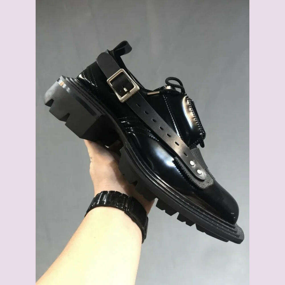 Mens Square Toe Genuine Leather Dress Shoes Runway Punk Style Platform Shoes Lace Up Derby Shoes Men Black Cowhide Casual Shoes