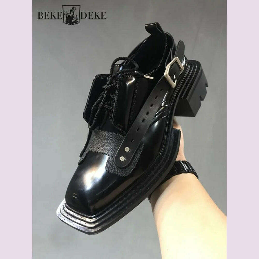 Mens Square Toe Genuine Leather Dress Shoes Runway Punk Style Platform Shoes Lace Up Derby Shoes Men Black Cowhide Casual Shoes