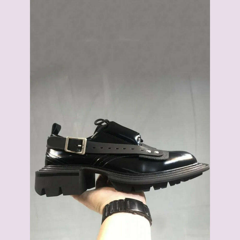 Mens Square Toe Genuine Leather Dress Shoes Runway Punk Style Platform Shoes Lace Up Derby Shoes Men Black Cowhide Casual Shoes
