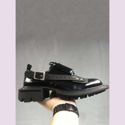 Mens Square Toe Genuine Leather Dress Shoes Runway Punk Style Platform Shoes Lace Up Derby Shoes Men Black Cowhide Casual Shoes