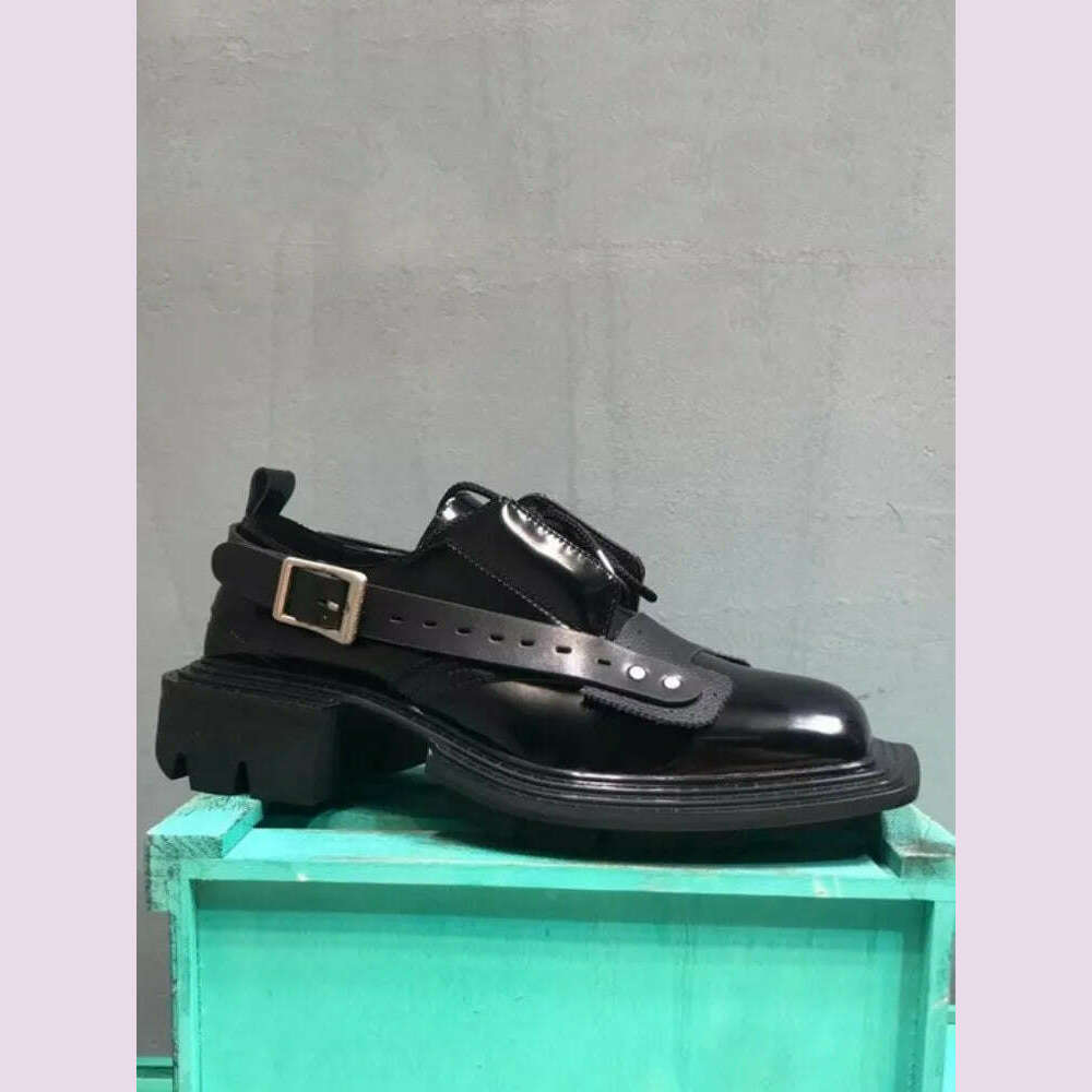 Mens Square Toe Genuine Leather Dress Shoes Runway Punk Style Platform Shoes Lace Up Derby Shoes Men Black Cowhide Casual Shoes