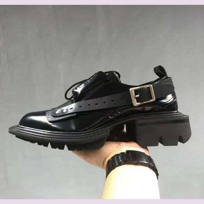 Mens Square Toe Genuine Leather Dress Shoes Runway Punk Style Platform Shoes Lace Up Derby Shoes Men Black Cowhide Casual Shoes