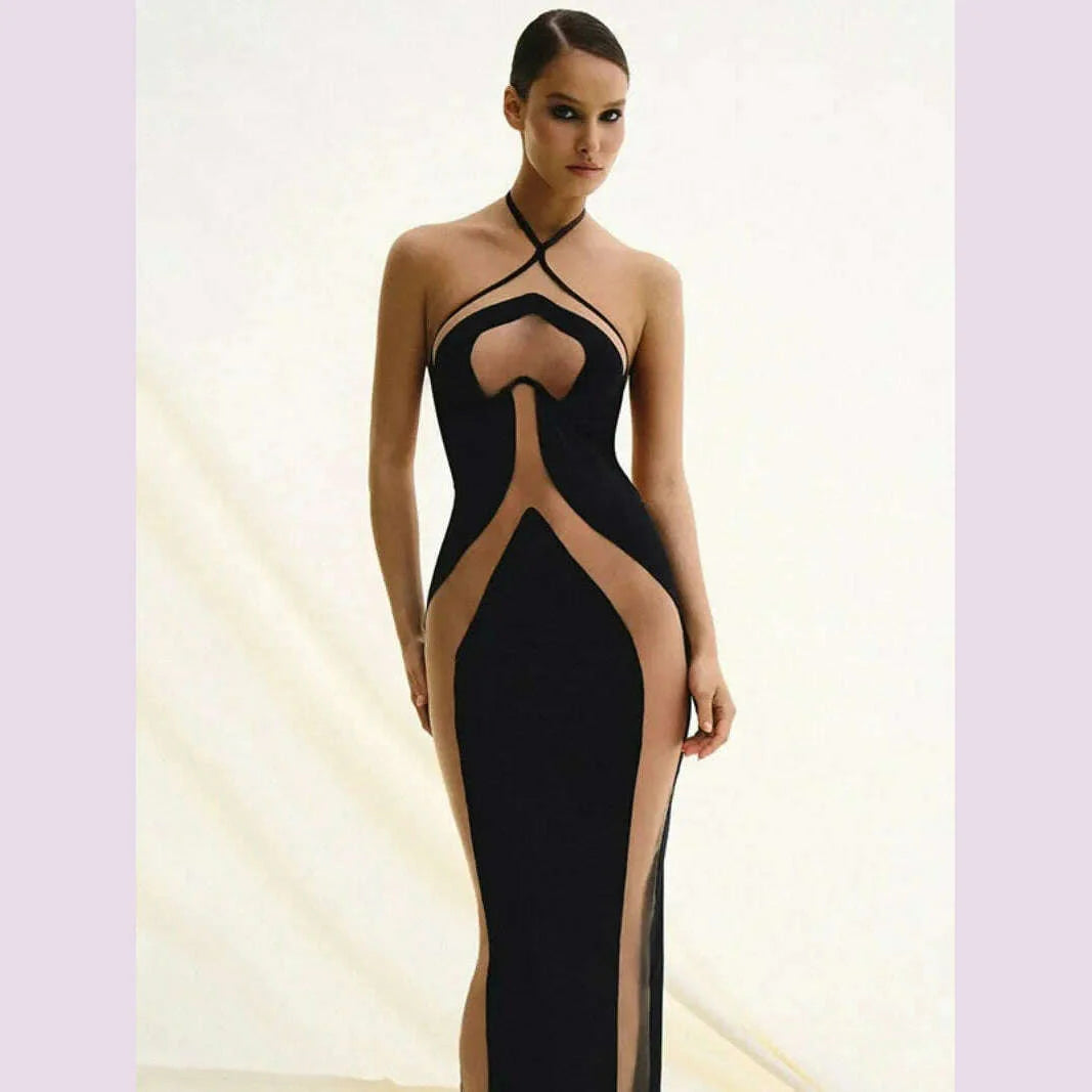 Mesh Patchwork Halter Neck Dresses for Women Sexy Lace-up Backless See-through Evening Dress Sleeveless Backless Long Party Robe