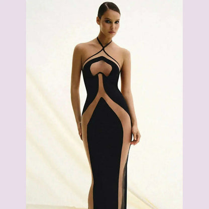 Mesh Patchwork Halter Neck Dresses for Women Sexy Lace-up Backless See-through Evening Dress Sleeveless Backless Long Party Robe