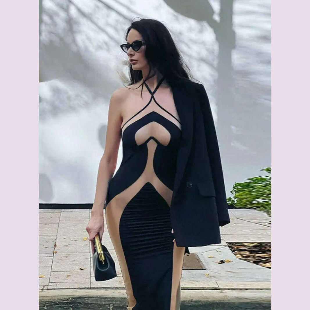 Mesh Patchwork Halter Neck Dresses for Women Sexy Lace-up Backless See-through Evening Dress Sleeveless Backless Long Party Robe