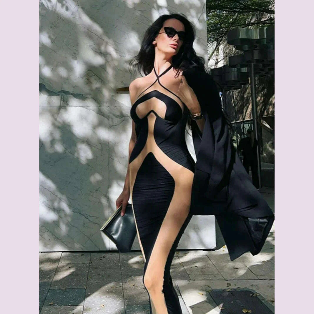 Mesh Patchwork Halter Neck Dresses for Women Sexy Lace-up Backless See-through Evening Dress Sleeveless Backless Long Party Robe