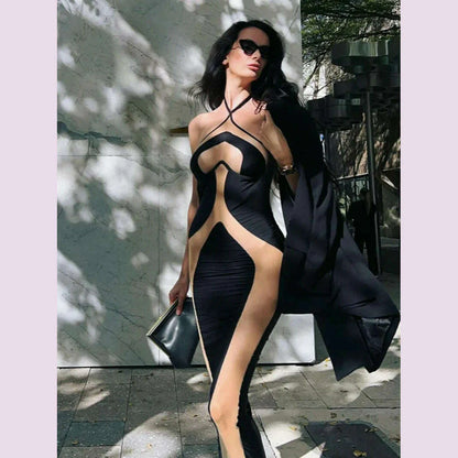 Mesh Patchwork Halter Neck Dresses for Women Sexy Lace-up Backless See-through Evening Dress Sleeveless Backless Long Party Robe
