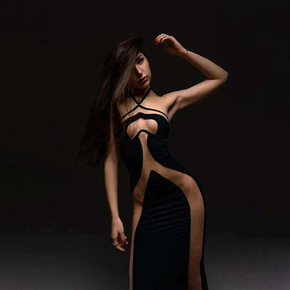 Mesh Patchwork Halter Neck Dresses for Women Sexy Lace-up Backless See-through Evening Dress Sleeveless Backless Long Party Robe