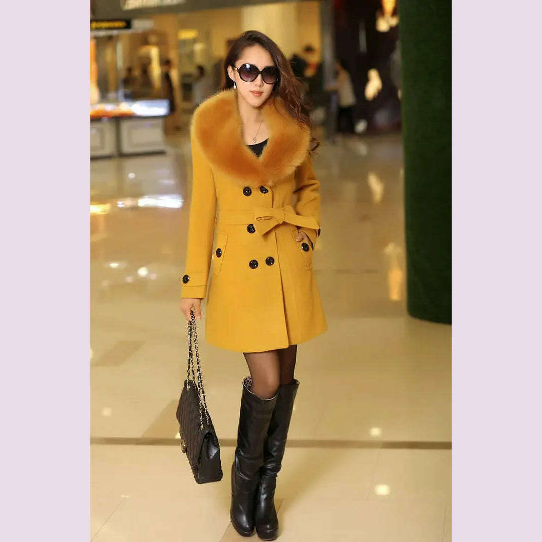 Mid Length Wool Coats Women Fur Collar Splice Blends Korean Full Sleeve Double Breasted Lace Up Belt Thick Warm Winter Jackets