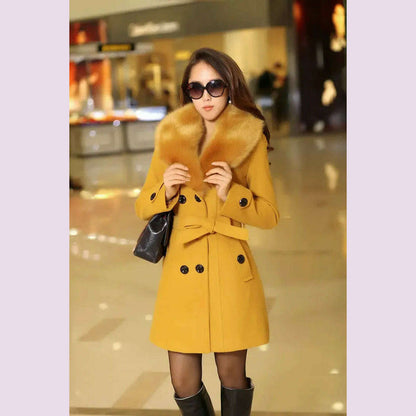 Mid Length Wool Coats Women Fur Collar Splice Blends Korean Full Sleeve Double Breasted Lace Up Belt Thick Warm Winter Jackets