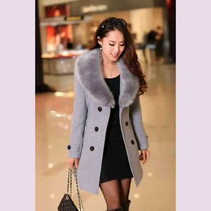 Mid Length Wool Coats Women Fur Collar Splice Blends Korean Full Sleeve Double Breasted Lace Up Belt Thick Warm Winter Jackets