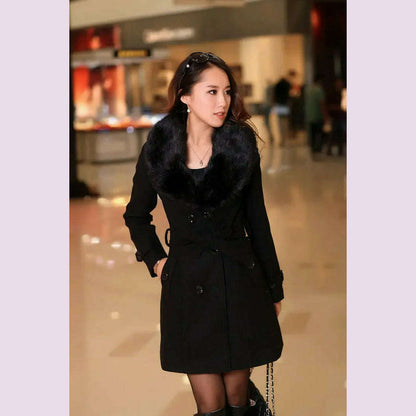 Mid Length Wool Coats Women Fur Collar Splice Blends Korean Full Sleeve Double Breasted Lace Up Belt Thick Warm Winter Jackets