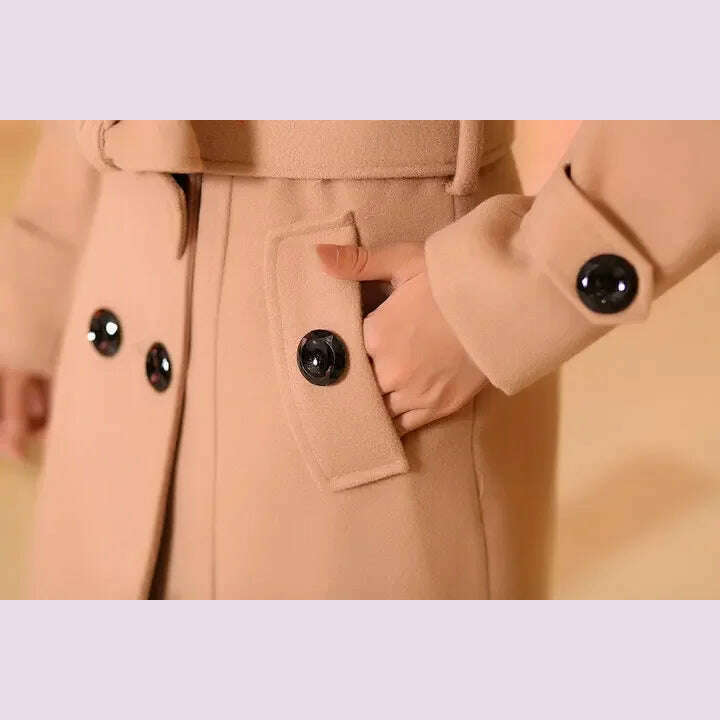 Mid Length Wool Coats Women Fur Collar Splice Blends Korean Full Sleeve Double Breasted Lace Up Belt Thick Warm Winter Jackets