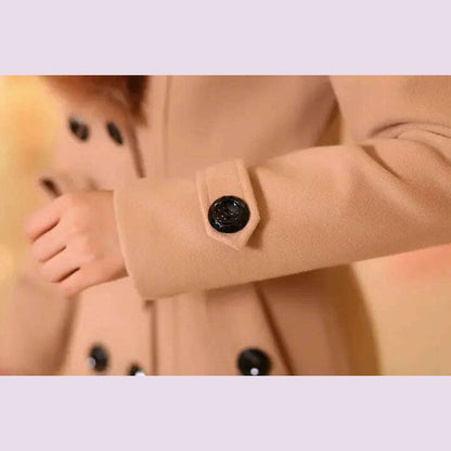 Mid Length Wool Coats Women Fur Collar Splice Blends Korean Full Sleeve Double Breasted Lace Up Belt Thick Warm Winter Jackets