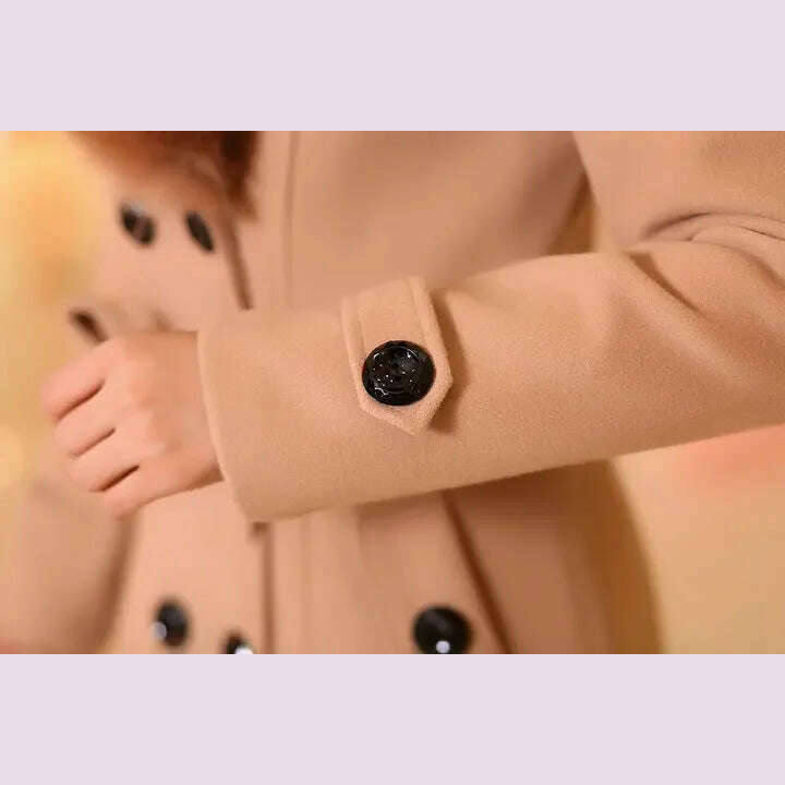 Mid Length Wool Coats Women Fur Collar Splice Blends Korean Full Sleeve Double Breasted Lace Up Belt Thick Warm Winter Jackets