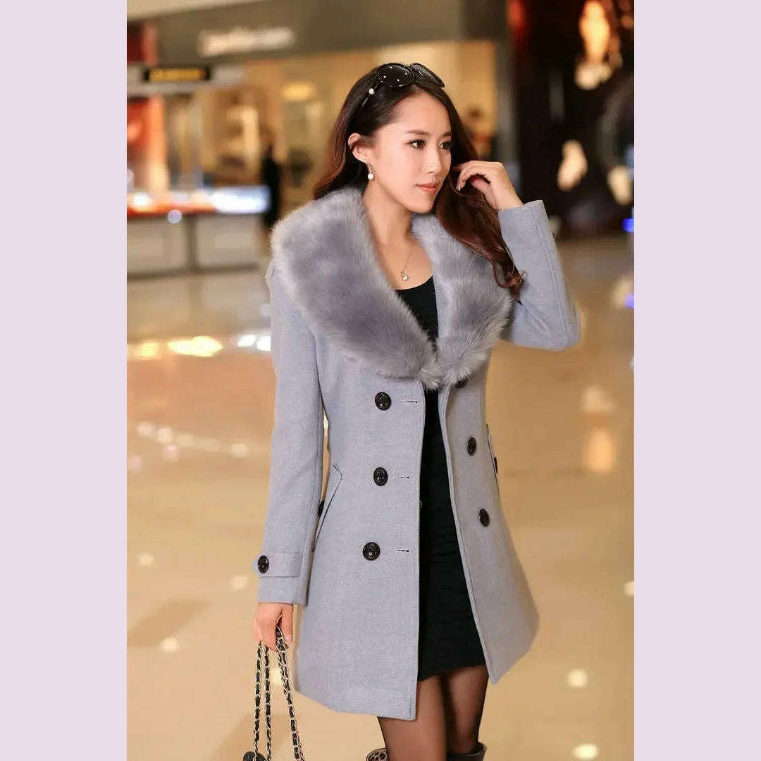 Mid Length Wool Coats Women Fur Collar Splice Blends Korean Full Sleeve Double Breasted Lace Up Belt Thick Warm Winter Jackets