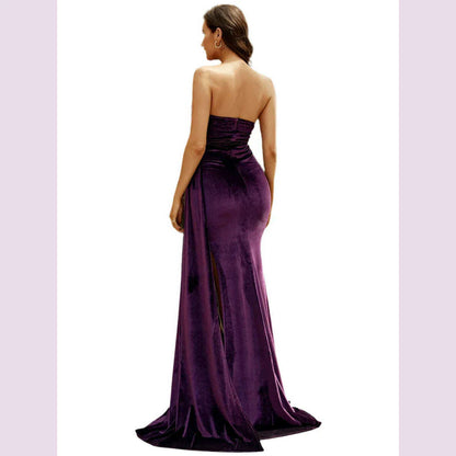 Missord Women Purple Velvet Prom Dress Elegant Strapless Ruched Thigh Split Draped Wedding Party Evening Dresses Long Gown