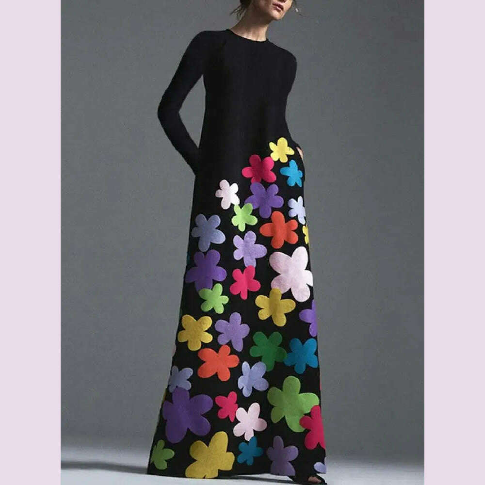 Missuoo 2023 Spring New Women's Floral Printed Dress Round Neck Long Sleeves Loose Fit Casual Party Dresses for Adult Female