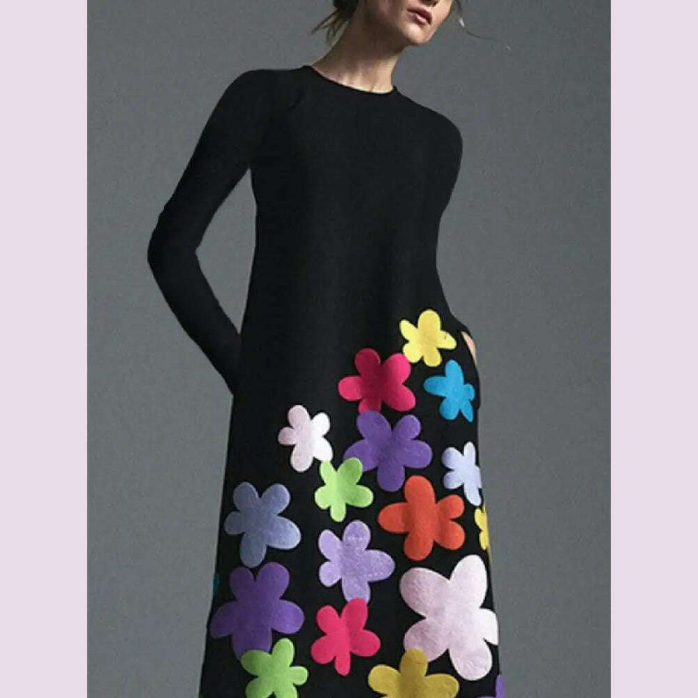 Missuoo 2023 Spring New Women's Floral Printed Dress Round Neck Long Sleeves Loose Fit Casual Party Dresses for Adult Female