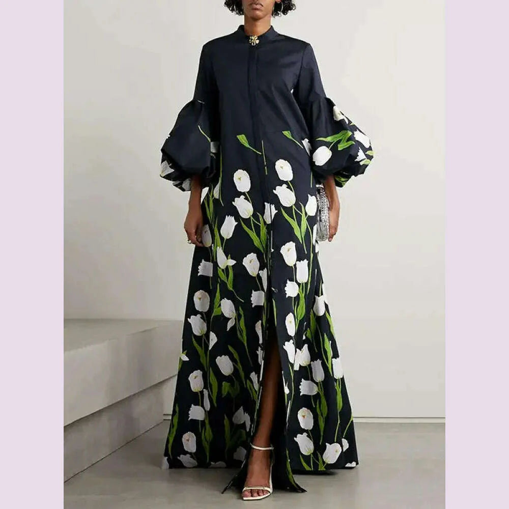 Missuoo 2024 Autumn New Floral Printed Floor Length Dress Stand Collar Puff Sleeves Buttoned Loose Dresses Casual Outerwears