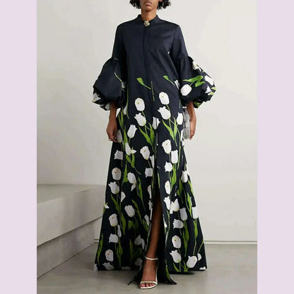 Missuoo 2024 Autumn New Floral Printed Floor Length Dress Stand Collar Puff Sleeves Buttoned Loose Dresses Casual Outerwears